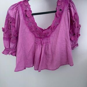 Free People Pink Flutter Sleeve Ruffled Crop Top